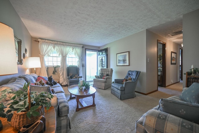 5283 Willow Dale Rd, Urbana, OH 43078 - living area featuring a textured ceiling, carpet, visible vents, and baseboards