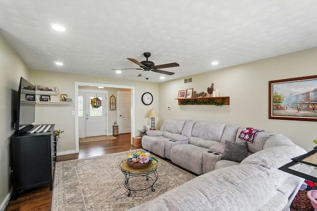 2206 State Route 56, London, OH 43140 - living area featuring dark wood-style flooring, ceiling fan, recessed lighting, and baseboards