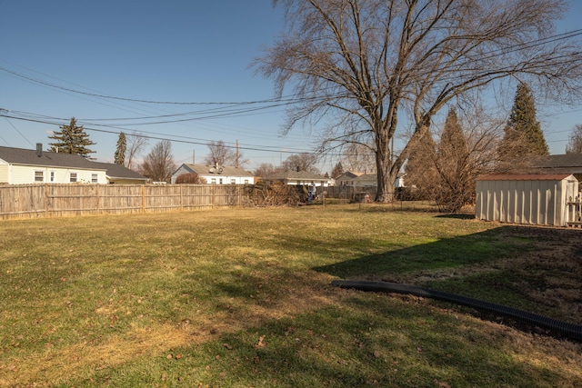 view of yard featuring an outdoor structure, fence, and a storage unit