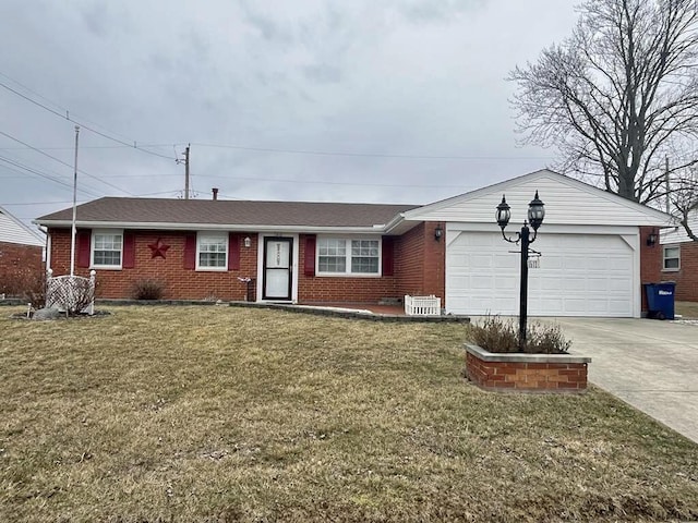 single story home featuring brick siding, a shingled roof, a garage, driveway, and a front lawn