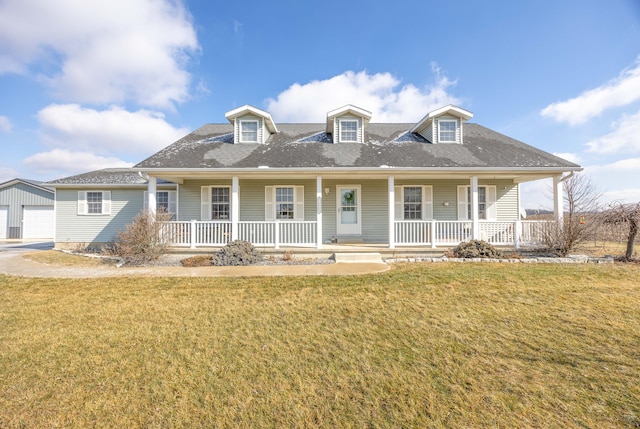 view of front of home featuring a garage, a front yard, and covered porch