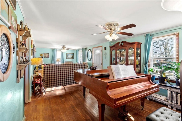 living area featuring a ceiling fan and hardwood / wood-style flooring