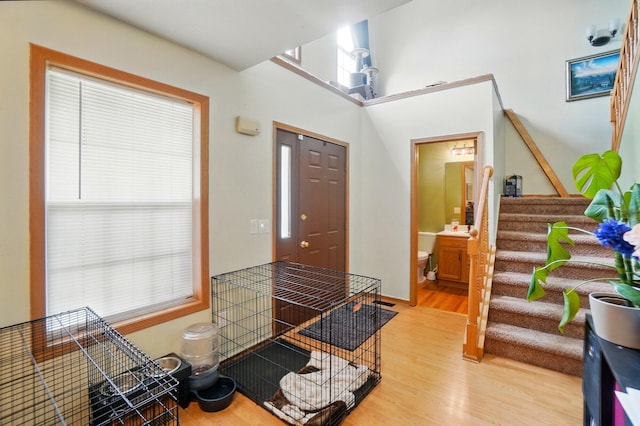 1820 Bishop Ln, Findlay, OH 45840 - foyer entrance with light wood finished floors, plenty of natural light, stairs, and a high ceiling