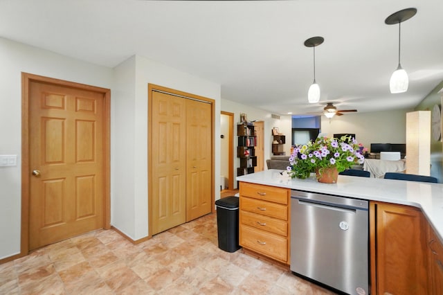 1820 Bishop Ln, Findlay, OH 45840 - kitchen featuring dishwasher, open floor plan, light countertops, hanging light fixtures, and brown cabinetry