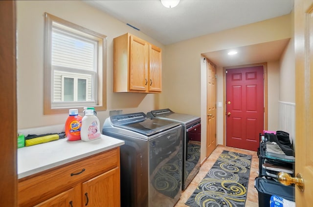 1820 Bishop Ln, Findlay, OH 45840 - laundry area featuring cabinet space, washer and clothes dryer, light tile patterned floors, and recessed lighting