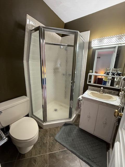 1337 Stratford Dr, Piqua, OH 45356 - full bathroom featuring toilet, vanity, a shower stall, tile patterned floors, and lofted ceiling