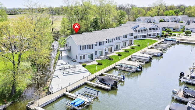 bird's eye view with a water view