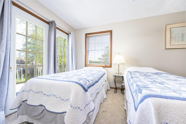 carpeted bedroom with access to outside and baseboards