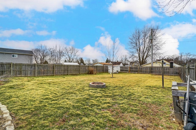 view of yard featuring an outdoor fire pit and a fenced backyard