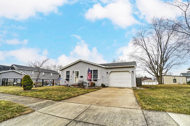 view of front of property featuring a garage, a front yard, concrete driveway, and fence