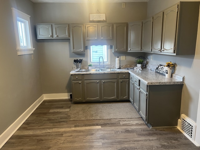 kitchen with dark hardwood / wood-style flooring, gray cabinets, and sink