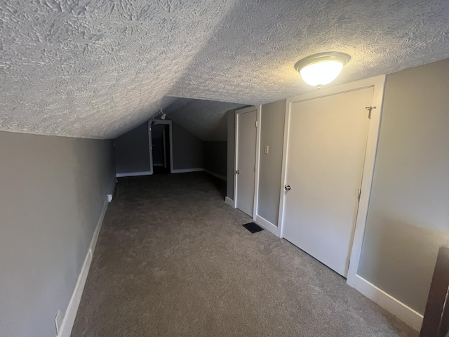 additional living space with vaulted ceiling, carpet flooring, and a textured ceiling