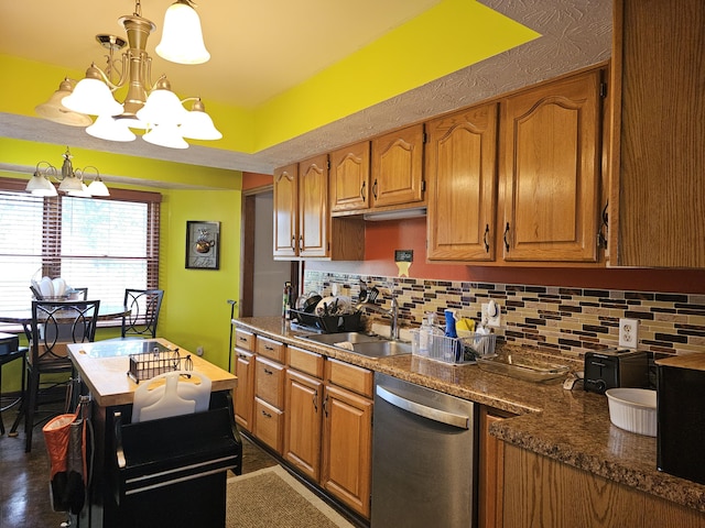 1308 Stonyridge Ave, Troy, OH 45373 - kitchen with dishwasher, a chandelier, tasteful backsplash, and brown cabinets
