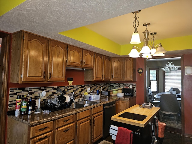 1308 Stonyridge Ave, Troy, OH 45373 - kitchen featuring dishwasher, a chandelier, backsplash, and brown cabinets