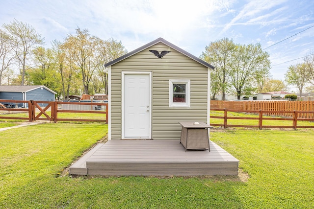 view of shed with a fenced backyard