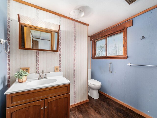 bathroom featuring wood finished floors, toilet, vanity, and baseboards