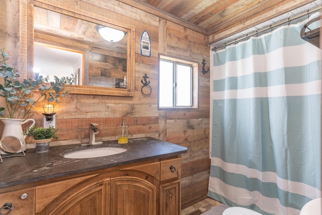 8886 State Route 368, Huntsville, OH 43324 - full bathroom with wooden walls, wooden ceiling, vanity, toilet, and a shower with curtain