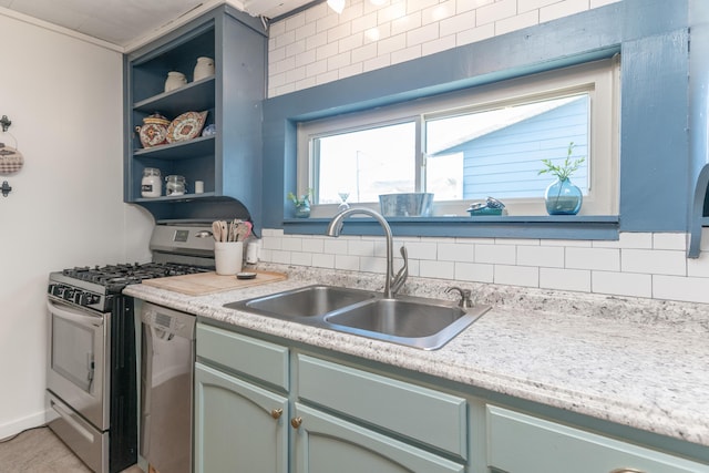 8886 State Route 368, Huntsville, OH 43324 - kitchen with appliances with stainless steel finishes, a sink, decorative backsplash, light countertops, and open shelves