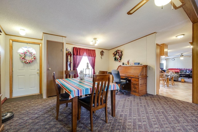 carpeted dining area with a ceiling fan, ornamental molding, and a textured ceiling