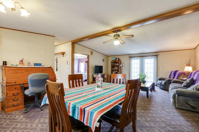 carpeted dining room featuring vaulted ceiling with beams, crown molding, a ceiling fan, and a textured ceiling