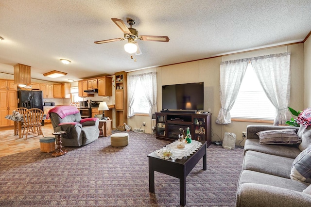 living area featuring light carpet, a textured ceiling, a ceiling fan, and crown molding