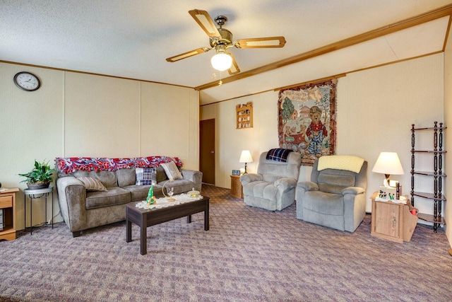 carpeted living room with a textured ceiling, a ceiling fan, and crown molding