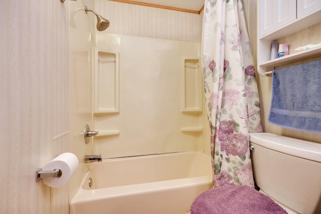 bathroom with toilet and shower / bathtub combination with curtain