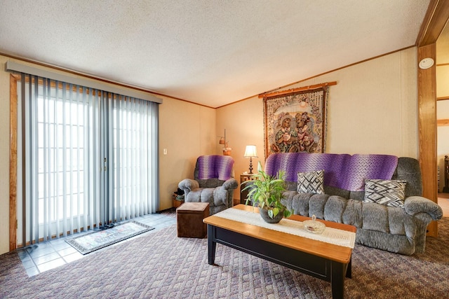 carpeted living room featuring a textured ceiling, vaulted ceiling, a wealth of natural light, and crown molding