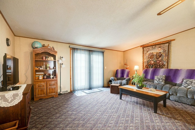 living room featuring crown molding, lofted ceiling, dark carpet, and a textured ceiling