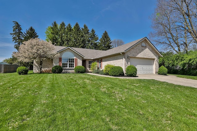 ranch-style home featuring brick siding, a garage, a front yard, and concrete driveway