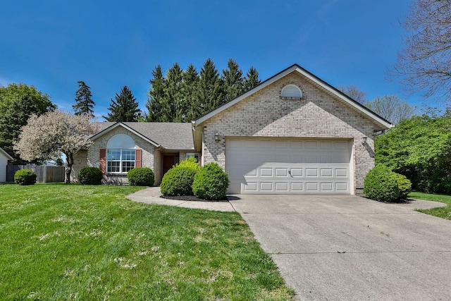 single story home featuring fence, an attached garage, a front lawn, brick siding, and driveway