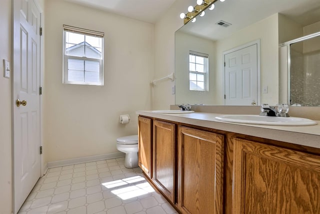 full bath with toilet, tile patterned floors, visible vents, and a sink