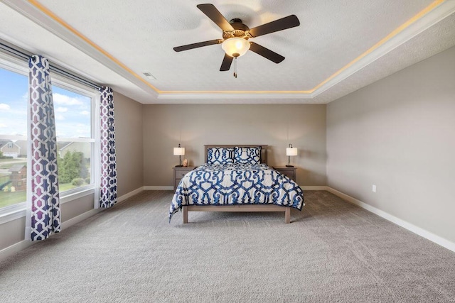 2306 Larkspur Dr, Troy, OH 45373 - carpeted bedroom with a tray ceiling, ceiling fan, and a textured ceiling