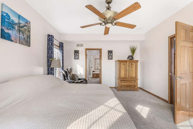 bedroom with light carpet, visible vents, ceiling fan, and baseboards