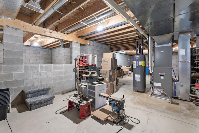 unfinished basement with electric water heater