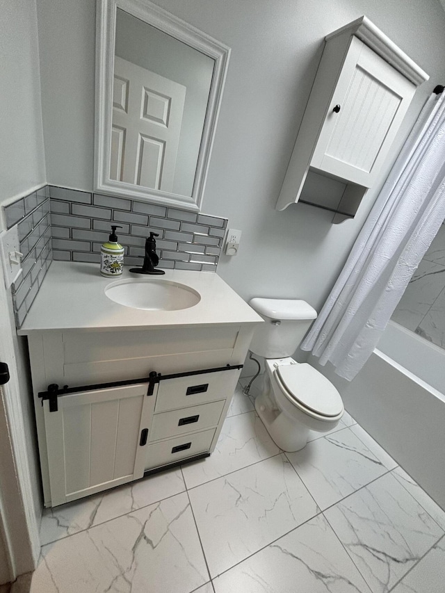 bathroom featuring toilet, vanity, marble finish floor, decorative backsplash, and shower / bathtub combination with curtain