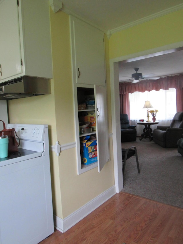 laundry room with washer / dryer, ornamental molding, light wood-style floors, ceiling fan, and baseboards