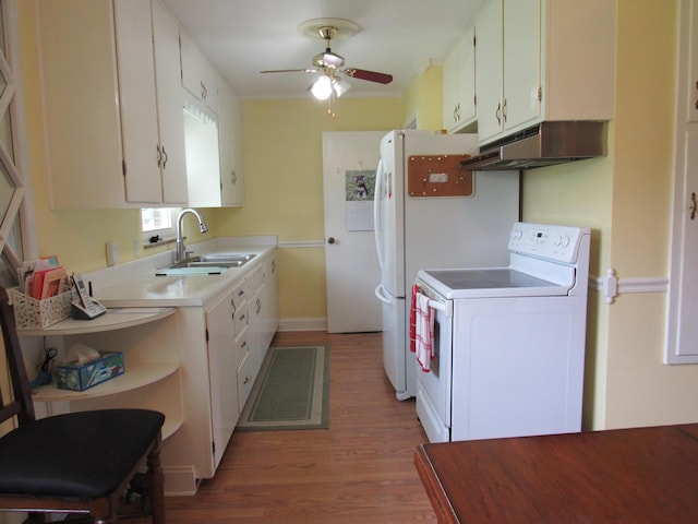 kitchen featuring white appliances, under cabinet range hood, a sink, light wood-style floors, and light countertops