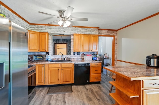 kitchen featuring crown molding, dark wood-style flooring, a sink, stainless steel appliances, and a ceiling fan