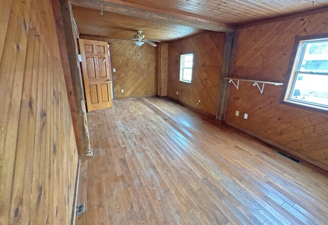 spare room featuring wood ceiling, a ceiling fan, wood walls, wood-type flooring, and visible vents