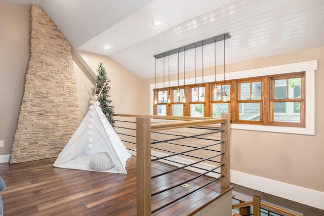 7933 Hickory Ave, Russells Point, OH 43348 - stairway featuring lofted ceiling, wood finished floors, and recessed lighting