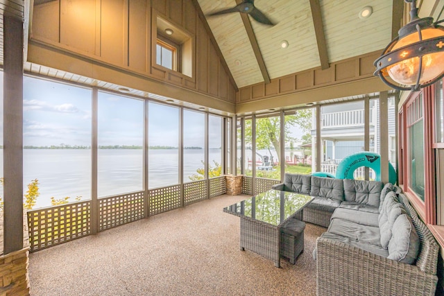7933 Hickory Ave, Russells Point, OH 43348 - sunroom / solarium with a water view, a ceiling fan, and an outdoor hangout area