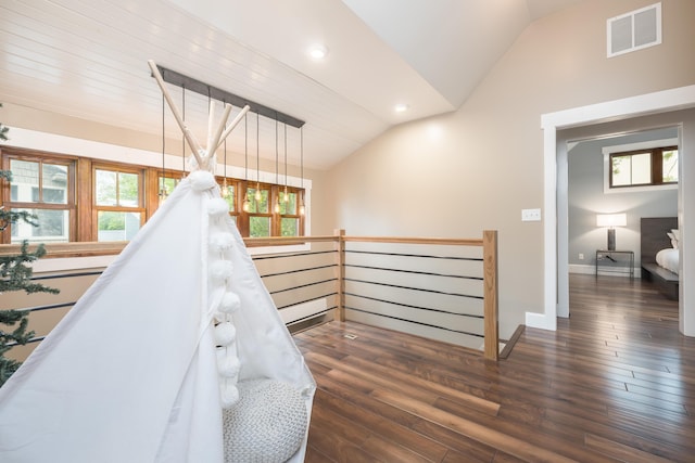 7933 Hickory Ave, Russells Point, OH 43348 - stairs featuring lofted ceiling, wood finished floors, baseboards, and recessed lighting