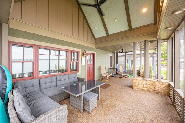 7933 Hickory Ave, Russells Point, OH 43348 - sunroom featuring outdoor lounge area, vaulted ceiling, and a ceiling fan