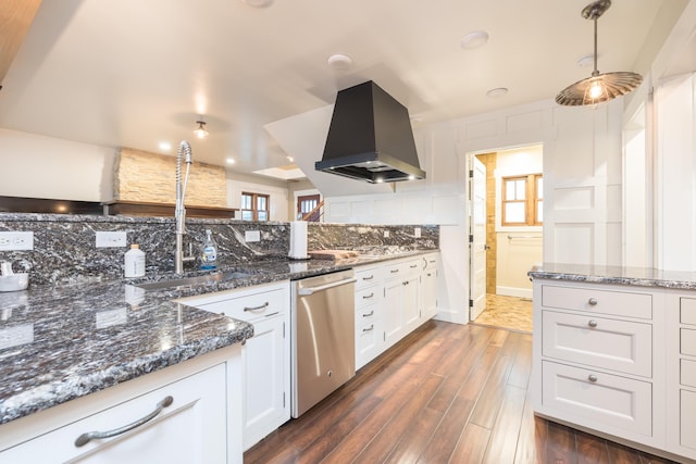 7933 Hickory Ave, Russells Point, OH 43348 - kitchen with dishwasher, island exhaust hood, backsplash, white cabinets, and dark wood-type flooring