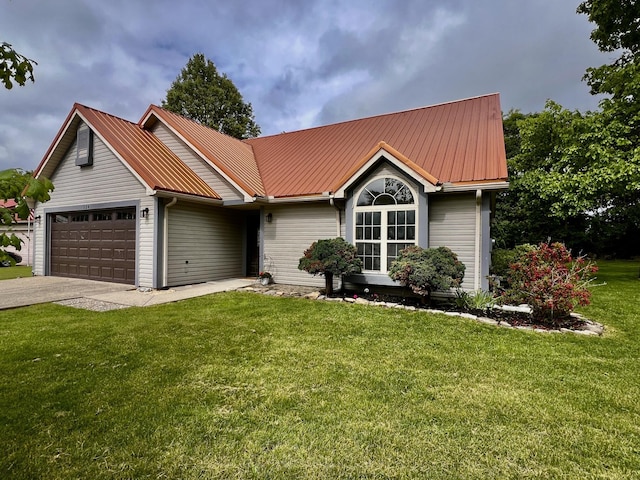 224 Oakcrest Ct, Russells Point, OH 43348 - single story home featuring a garage, concrete driveway, a front yard, and metal roof