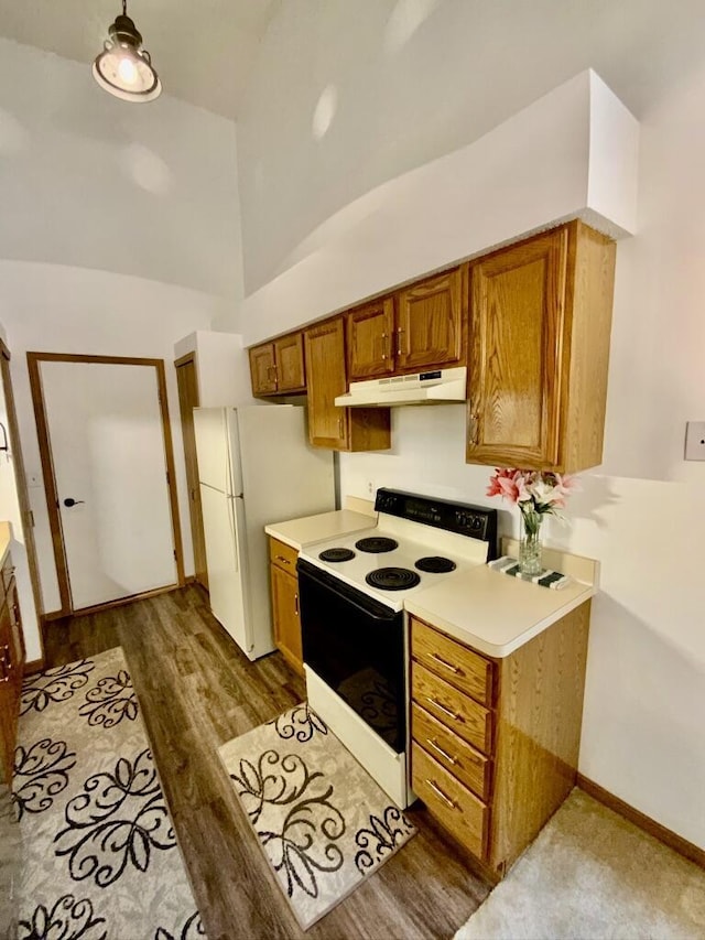 224 Oakcrest Ct, Russells Point, OH 43348 - kitchen with range with electric stovetop, under cabinet range hood, brown cabinetry, high vaulted ceiling, and light wood-type flooring