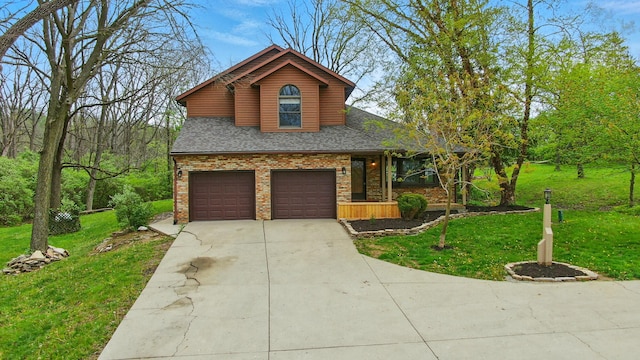 view of front of house with driveway, roof with shingles, brick siding, a front lawn, and an attached garage