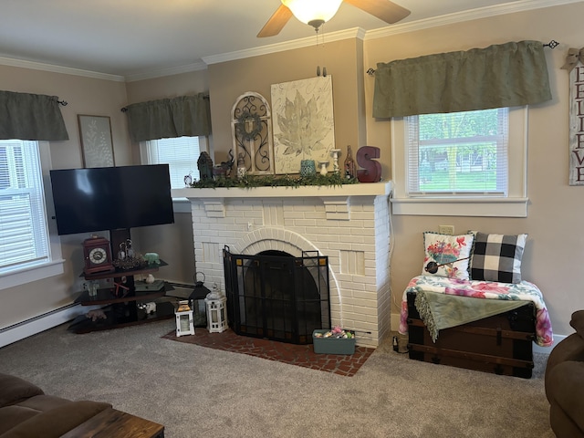 217 S 2nd St, Coldwater, OH 45828 - carpeted living area featuring ornamental molding, a brick fireplace, a ceiling fan, and a baseboard heating unit