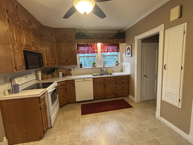 217 S 2nd St, Coldwater, OH 45828 - kitchen with white appliances, a sink, light countertops, a ceiling fan, and ornamental molding